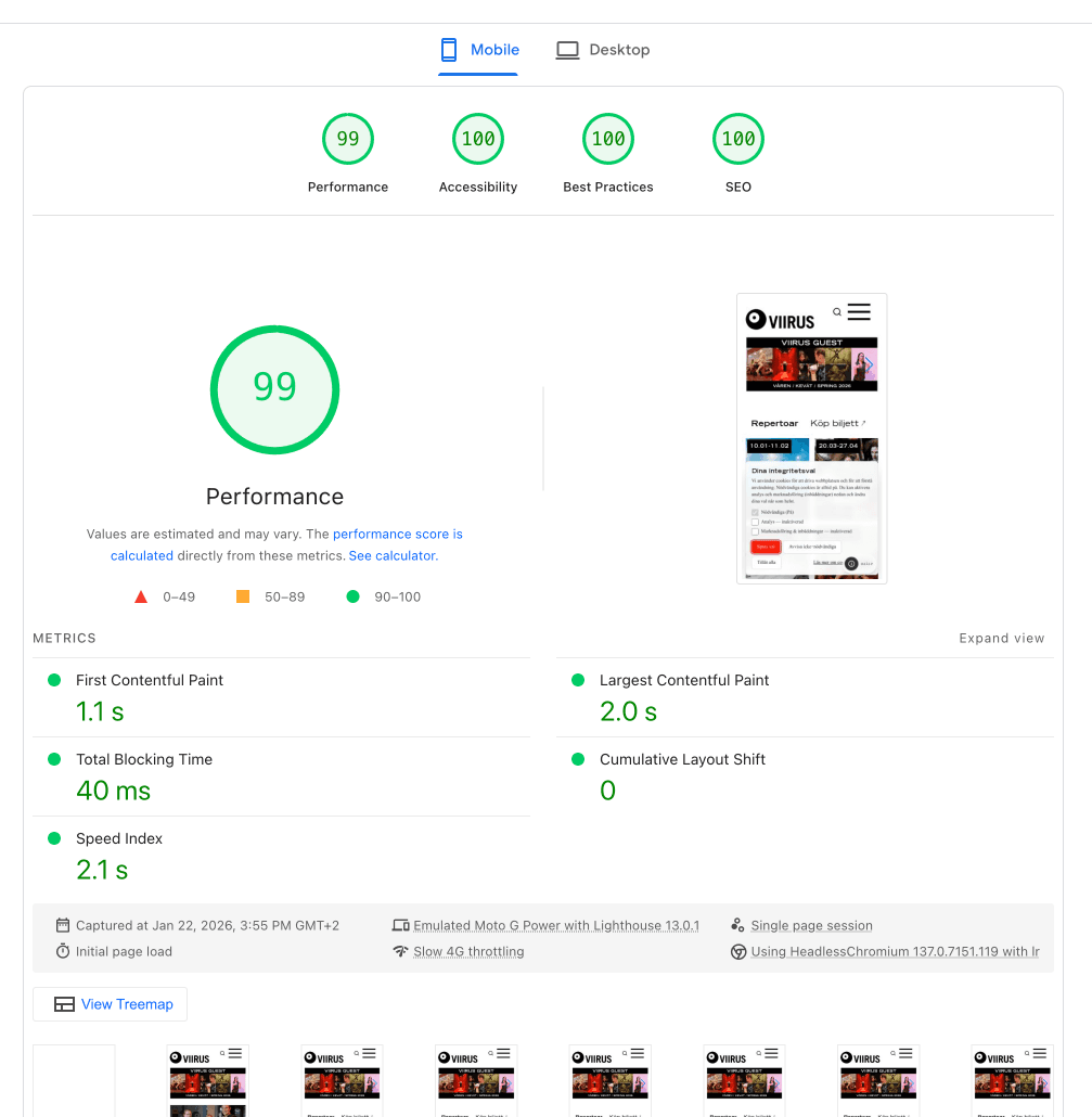 PageSpeed Insights screenshot for the new site showing a higher performance score.